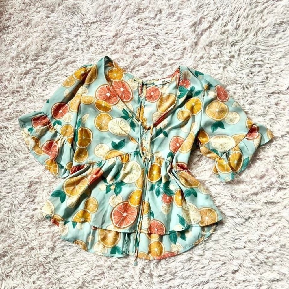Orange Fruit Slice Ruffle Whimsical Peplum Women's 1X Citrus Kidcore Dopamine